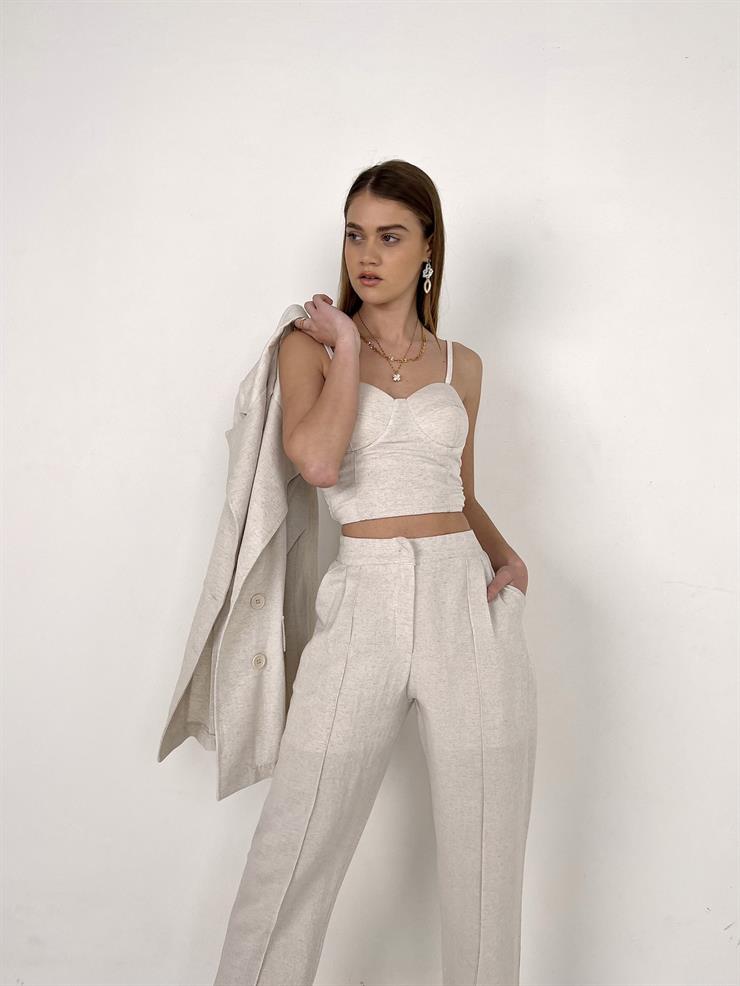 Kuplu Bluz Blazer Ceket Pantolon Jones Kadın Bej Üçlü Takım 23Y000108