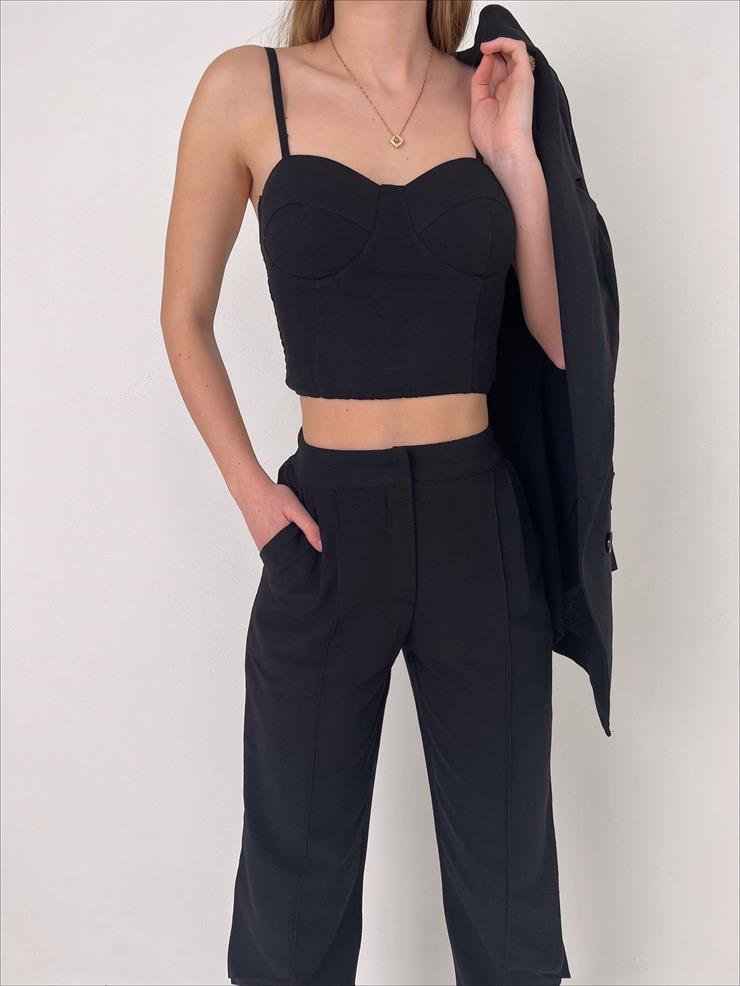 Kuplu Bluz Blazer Ceket Pantolon Jones Kadın Siyah Üçlü Takım 23Y000108
