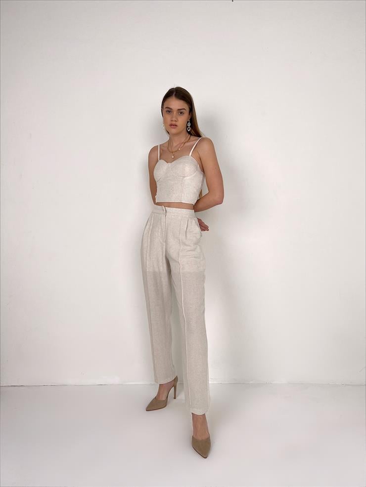 Kuplu Bluz Blazer Ceket Pantolon Jones Kadın Bej Üçlü Takım 23Y000108