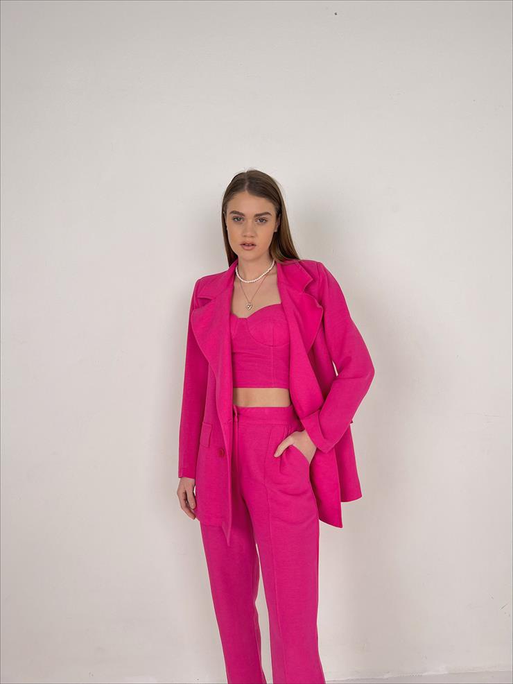 Kuplu Bluz Blazer Ceket Pantolon Jones Kadın Pembe Üçlü Takım 23Y000108