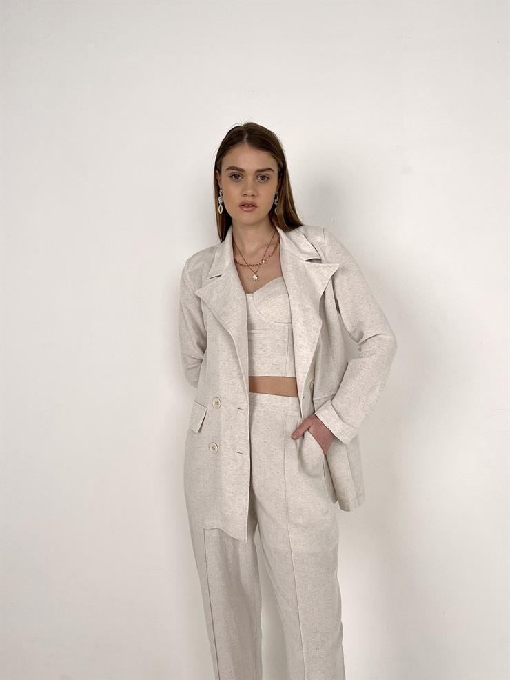 Kuplu Bluz Blazer Ceket Pantolon Jones Kadın Bej Üçlü Takım 23Y000108
