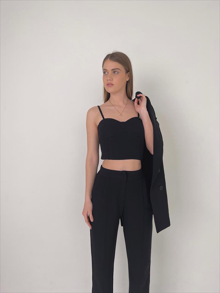 Kuplu Bluz Blazer Ceket Pantolon Jones Kadın Siyah Üçlü Takım 23Y000108