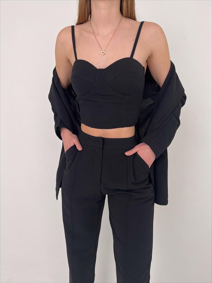 Kuplu Bluz Blazer Ceket Pantolon Jones Kadın Siyah Üçlü Takım 23Y000108