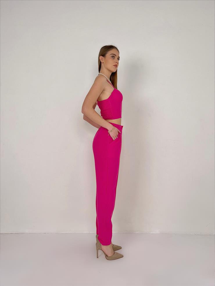 Kuplu Bluz Blazer Ceket Pantolon Jones Kadın Pembe Üçlü Takım 23Y000108