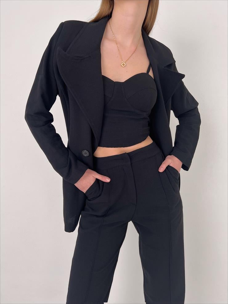 Kuplu Bluz Blazer Ceket Pantolon Jones Kadın Siyah Üçlü Takım 23Y000108