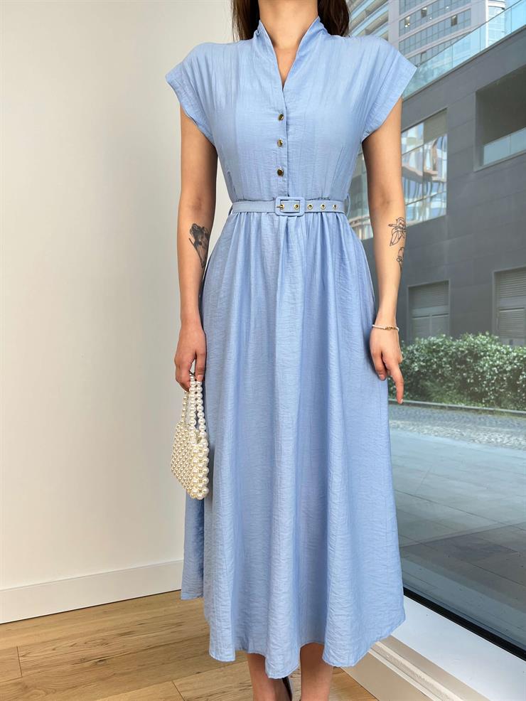 Kısa Kol Önü Düğmeli Beli Kemerli Jordi Kadın Mavi Elbise 24Y562