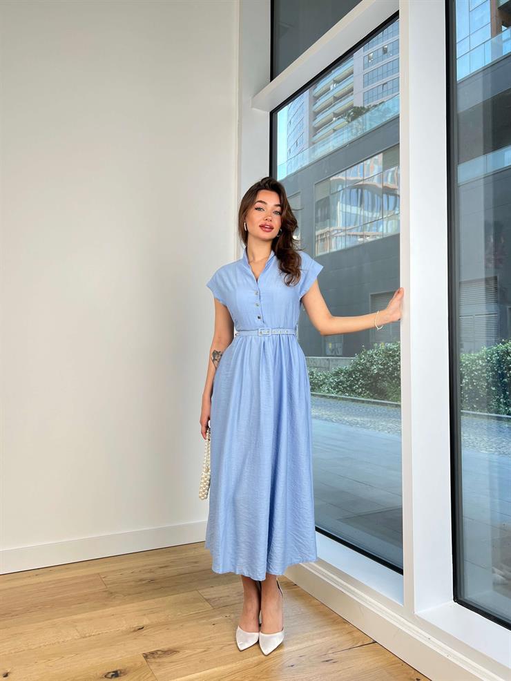 Kısa Kol Önü Düğmeli Beli Kemerli Jordi Kadın Mavi Elbise 24Y562