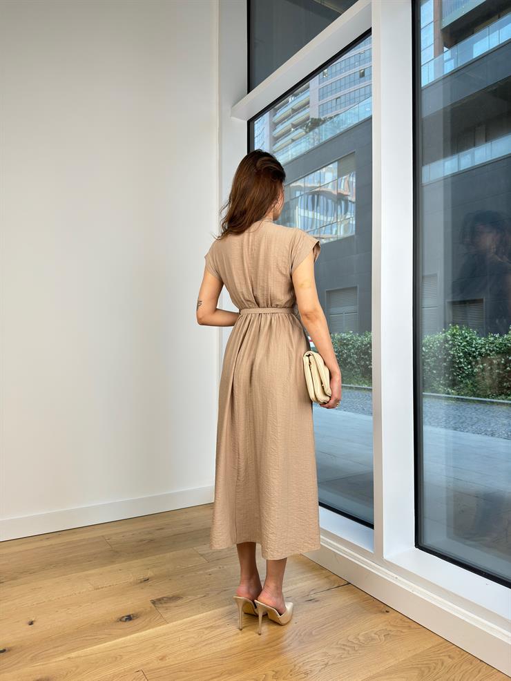 Kısa Kol Önü Düğmeli Beli Kemerli Jordi Kadın Vizon Elbise 24Y562