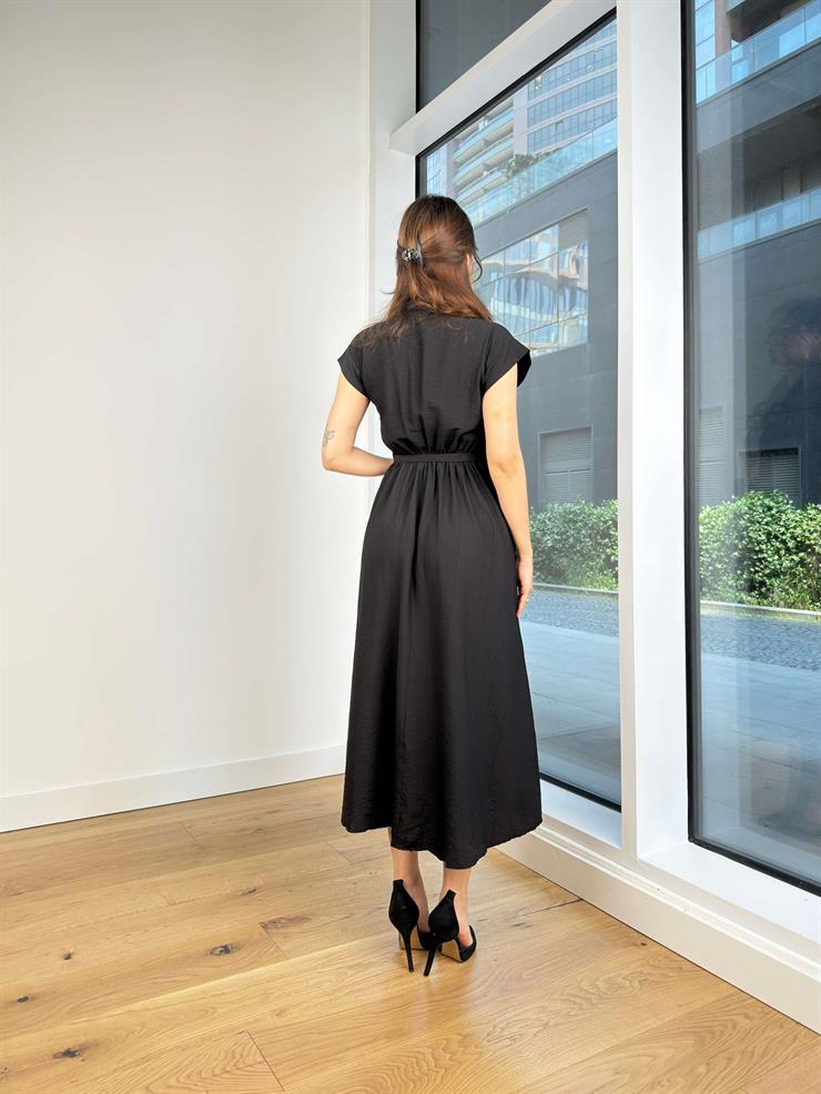 Kısa Kol Önü Düğmeli Beli Kemerli Jordi Kadın Siyah Elbise 24Y562