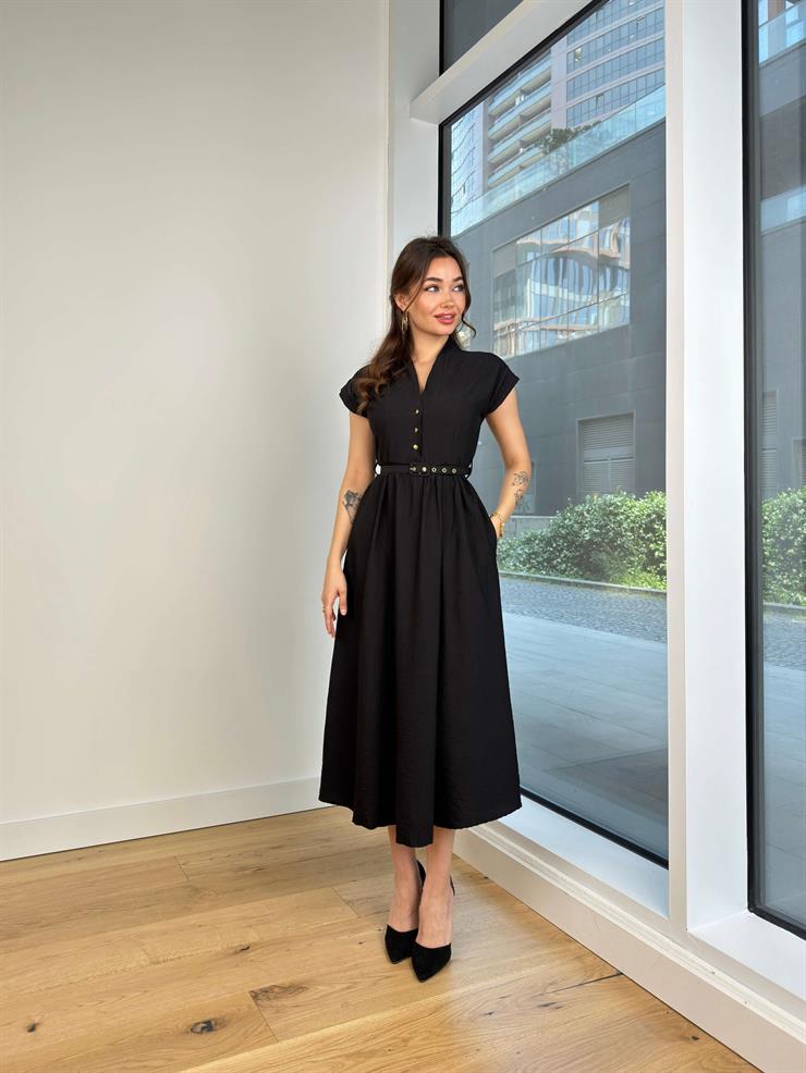 Kısa Kol Önü Düğmeli Beli Kemerli Jordi Kadın Siyah Elbise 24Y562