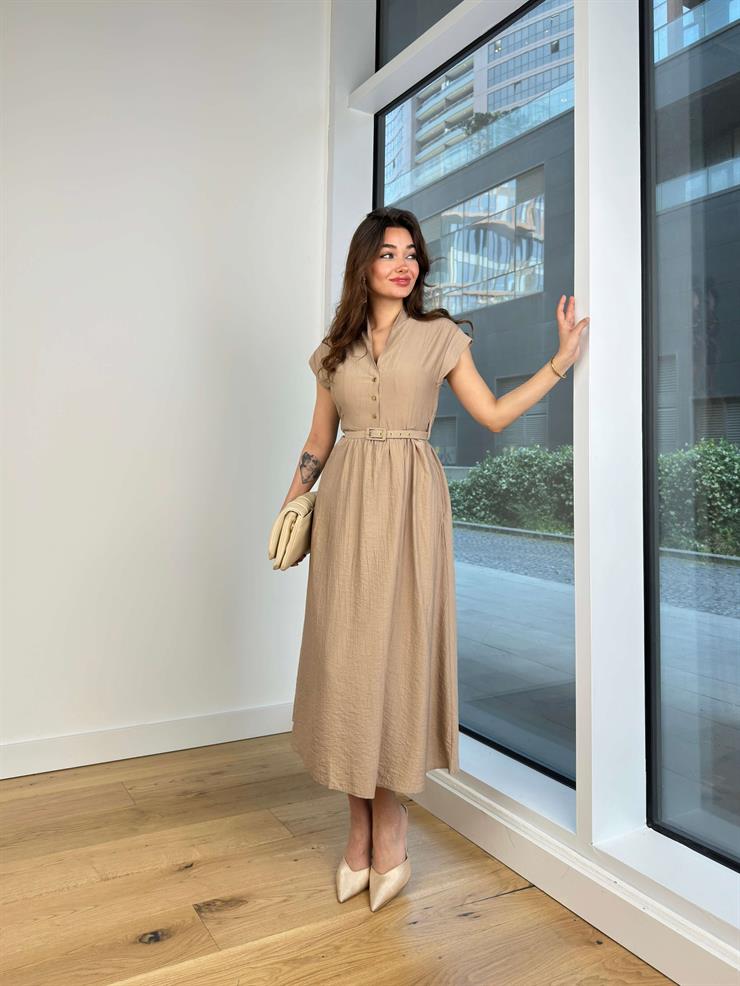 Kısa Kol Önü Düğmeli Beli Kemerli Jordi Kadın Vizon Elbise 24Y562