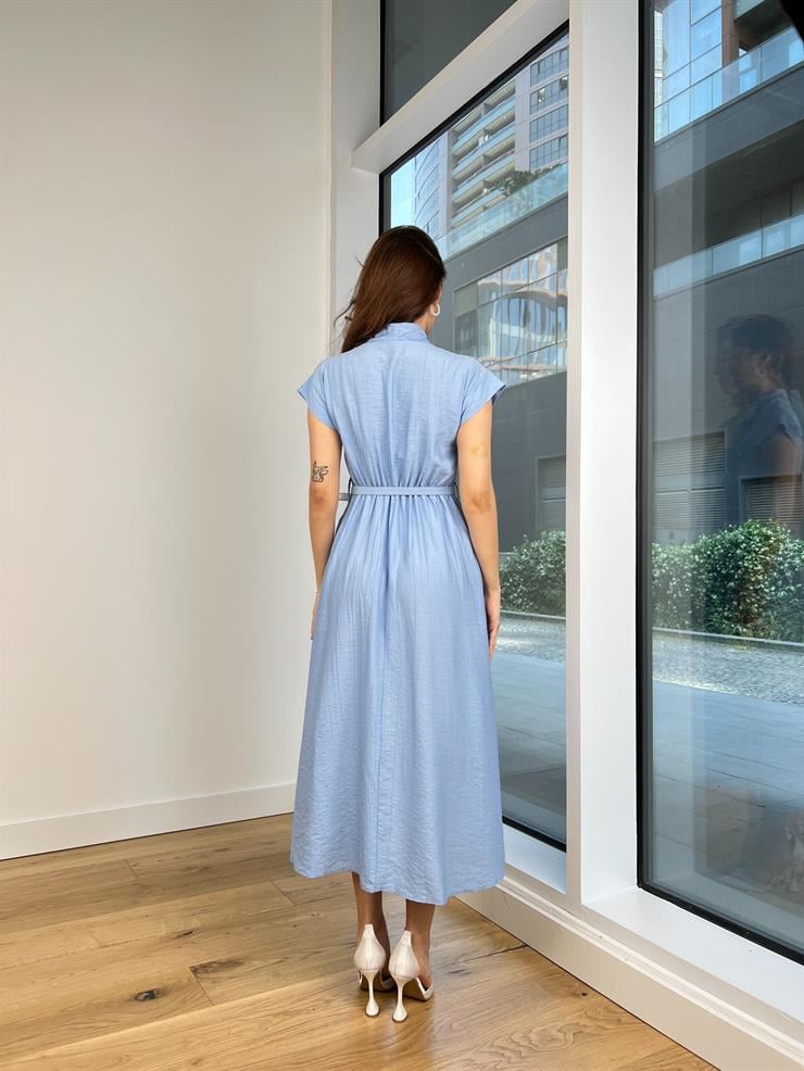 Kısa Kol Önü Düğmeli Beli Kemerli Jordi Kadın Mavi Elbise 24Y562