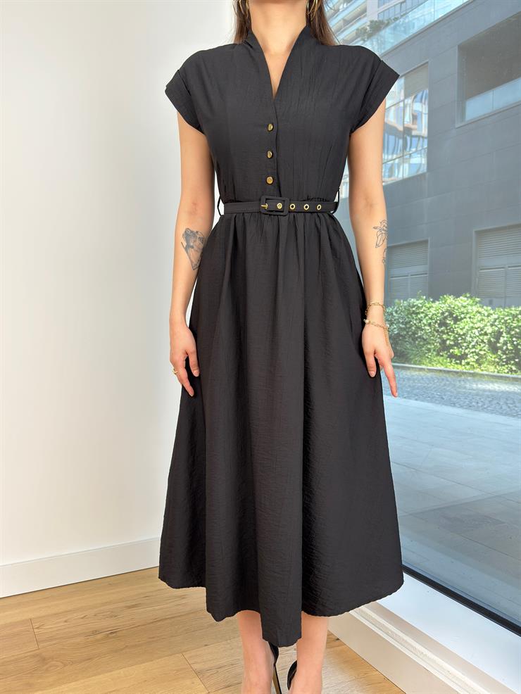 Kısa Kol Önü Düğmeli Beli Kemerli Jordi Kadın Siyah Elbise 24Y562