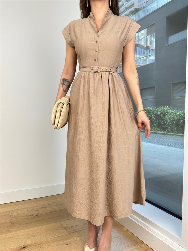 Kısa Kol Önü Düğmeli Beli Kemerli Jordi Kadın Vizon Elbise 24Y562