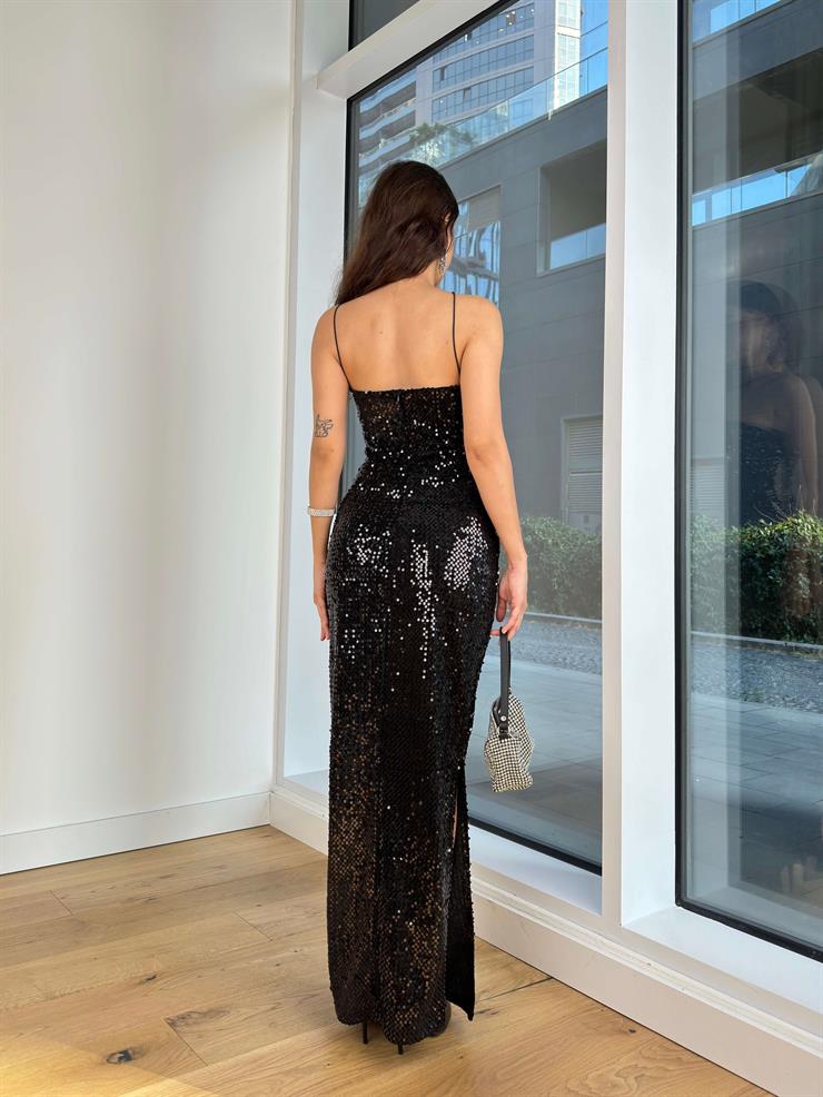 Asimetrik Yaka İnce Askılı Payetli Joris Siyah Kadın Elbise 25K341