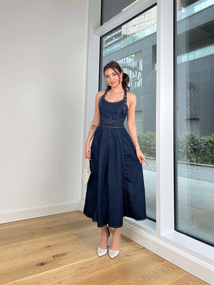 Kemer Görünümlü Arkası Çapraz Askılı Eteği Volanlı Josefa Kadın Lacivert Kot Elbise 24Y370