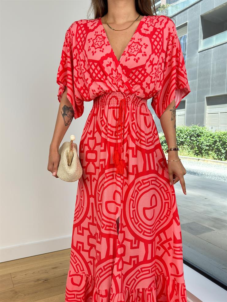 V Yaka Beli Gipeli Eteği Yırtmaçlı Joselito Kadın Desenli Pudra Elbise 24Y742