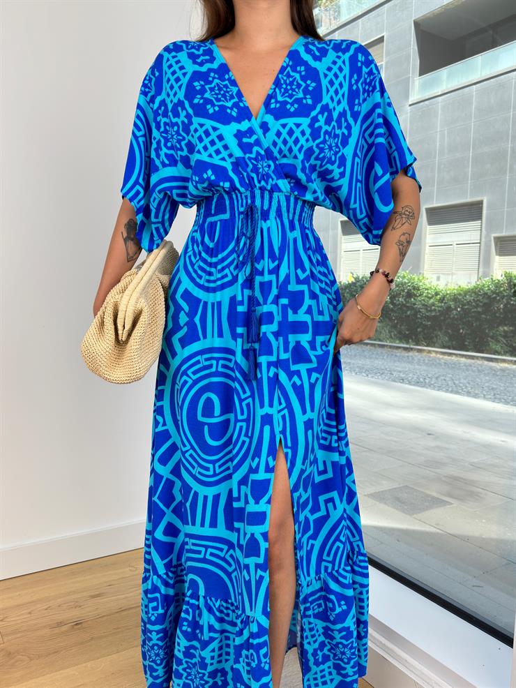 V Yaka Beli Gipeli Eteği Yırtmaçlı Joselito Kadın Desenli Mavi Elbise 24Y742