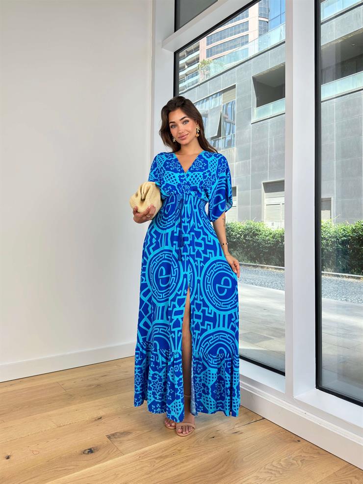 V Yaka Beli Gipeli Eteği Yırtmaçlı Joselito Kadın Desenli Mavi Elbise 24Y742