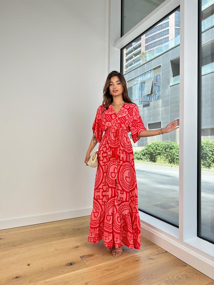 V Yaka Beli Gipeli Eteği Yırtmaçlı Joselito Kadın Desenli Pudra Elbise 24Y742