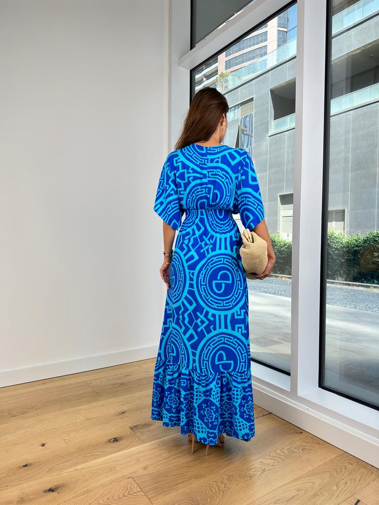 V Yaka Beli Gipeli Eteği Yırtmaçlı Joselito Kadın Desenli Mavi Elbise 24Y742