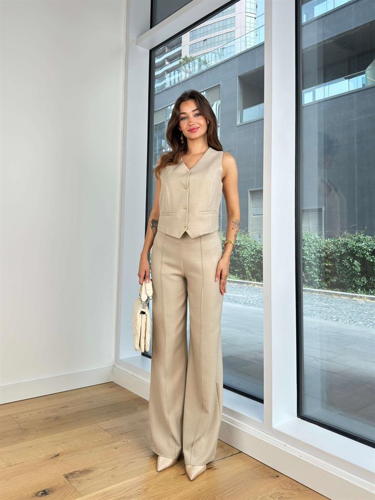 Düğme Kapamalı Yelek Yüksek Bel Ters Dikiş Detaylı Bol Paça Pantolon Josue Kadın Taş İkili Takım 25K067