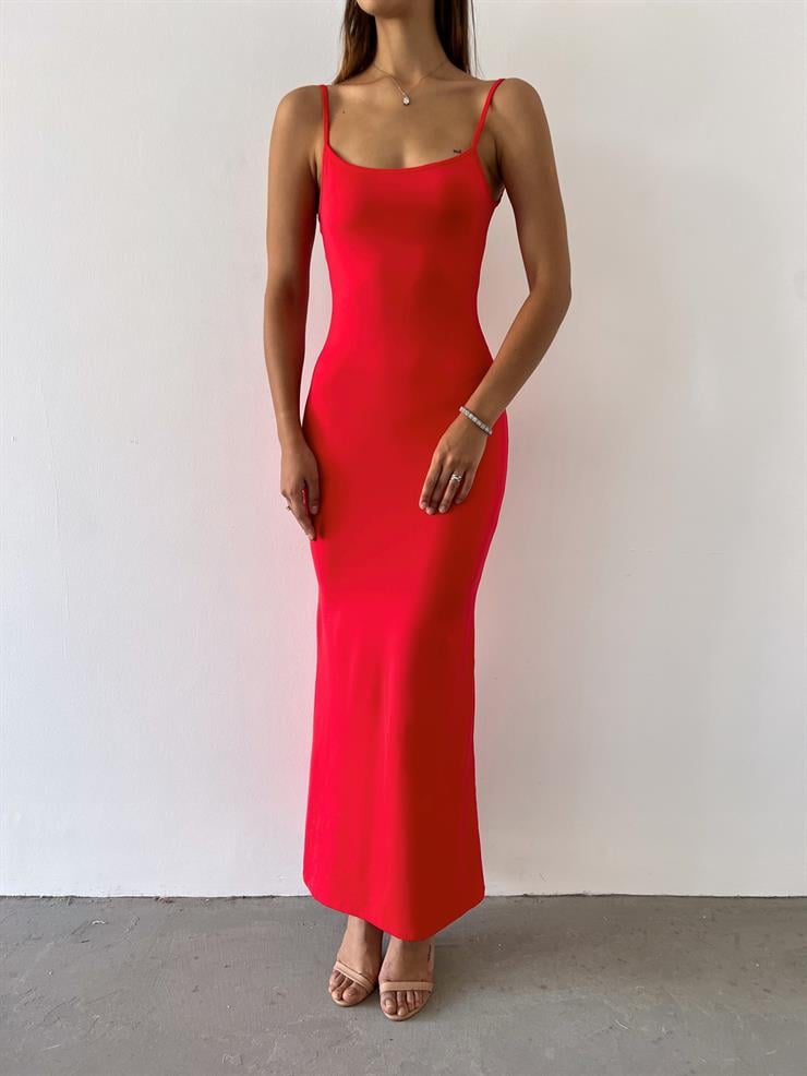İnce Ayarlanabilir Askılı Sırt Dekolteli Joyce Kadın Kırmızı Elbise 23Y000390