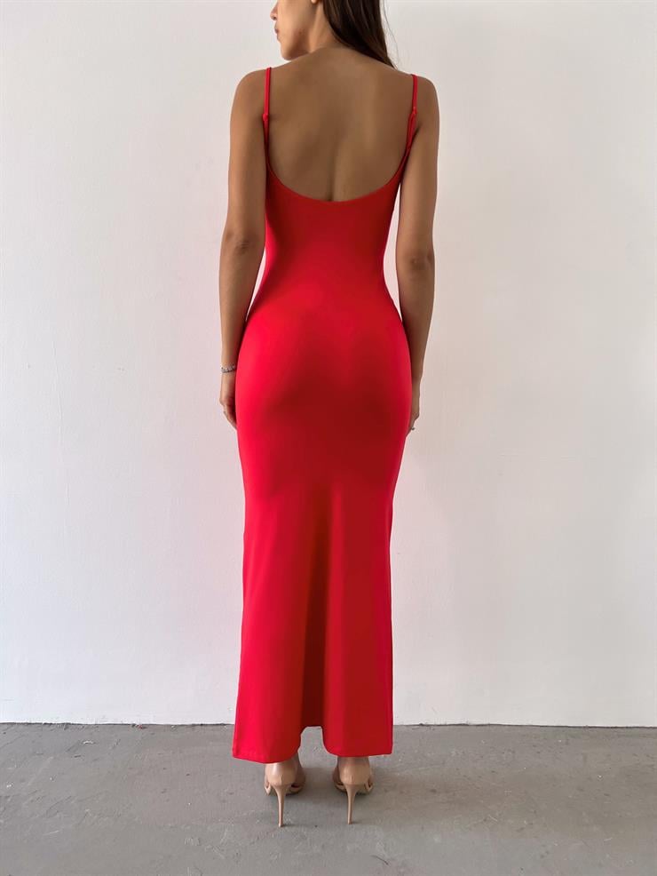 İnce Ayarlanabilir Askılı Sırt Dekolteli Joyce Kadın Kırmızı Elbise 23Y000390
