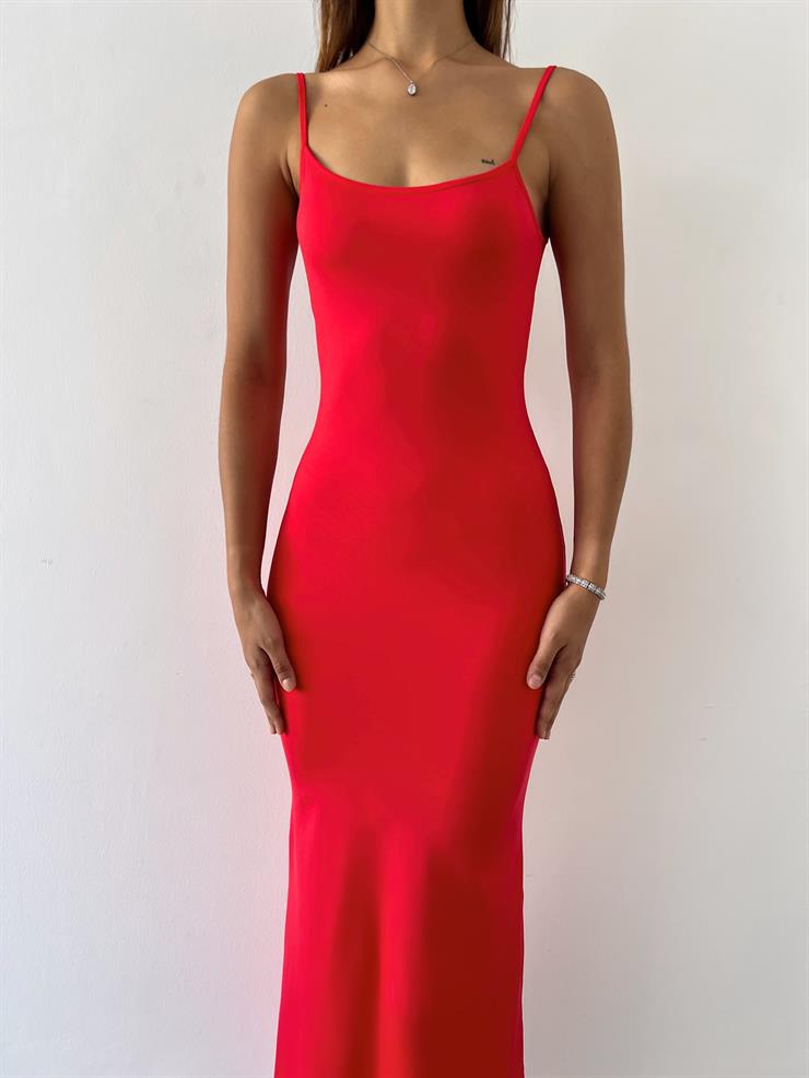 İnce Ayarlanabilir Askılı Sırt Dekolteli Joyce Kadın Kırmızı Elbise 23Y000390