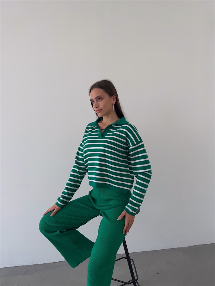 Polo Yaka Juan Kadın Yeşil Çizgili Triko Kazak 23K000252