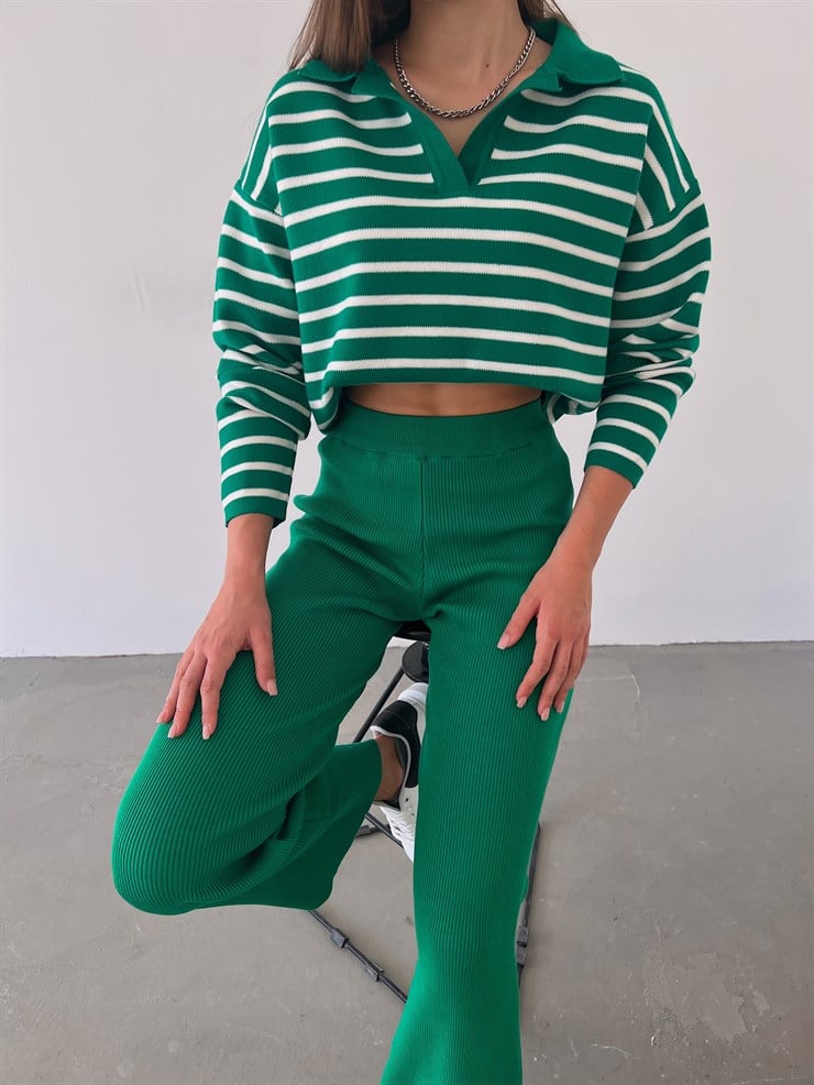 Polo Yaka Juan Kadın Yeşil Çizgili Triko Kazak 23K000252