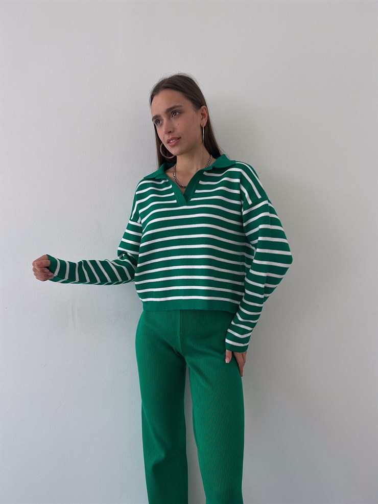 Polo Yaka Juan Kadın Yeşil Çizgili Triko Kazak 23K000252