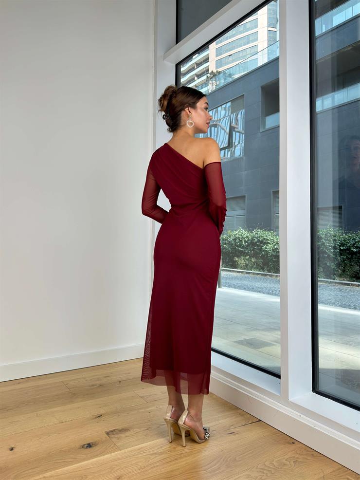 Tek Kol Beli Drape Detaylı Judson Kadın Bordo Elbise 24k000102