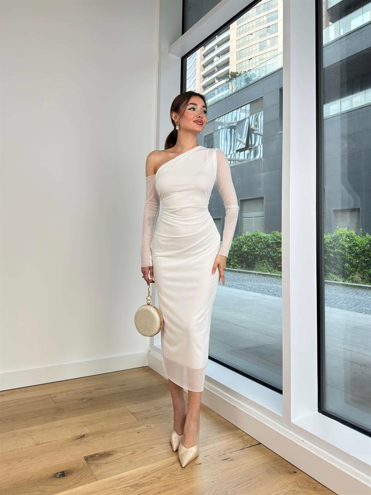 Tek Kol Beli Drape Detaylı Judson Kadın Beyaz Elbise 24k000102