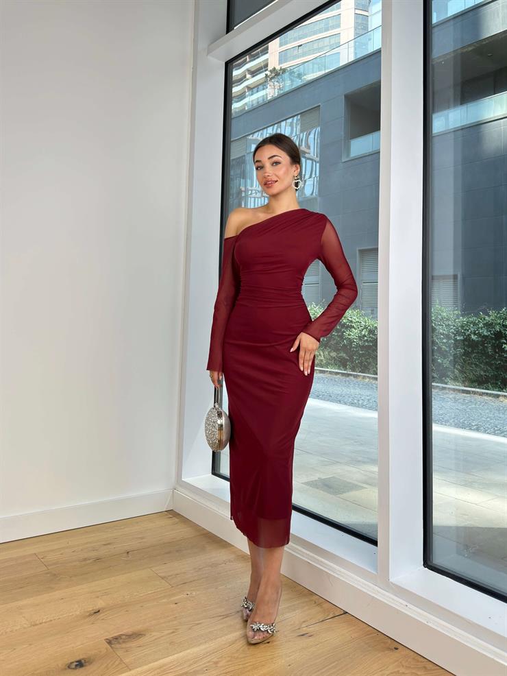 Tek Kol Beli Drape Detaylı Judson Kadın Bordo Elbise 24k000102