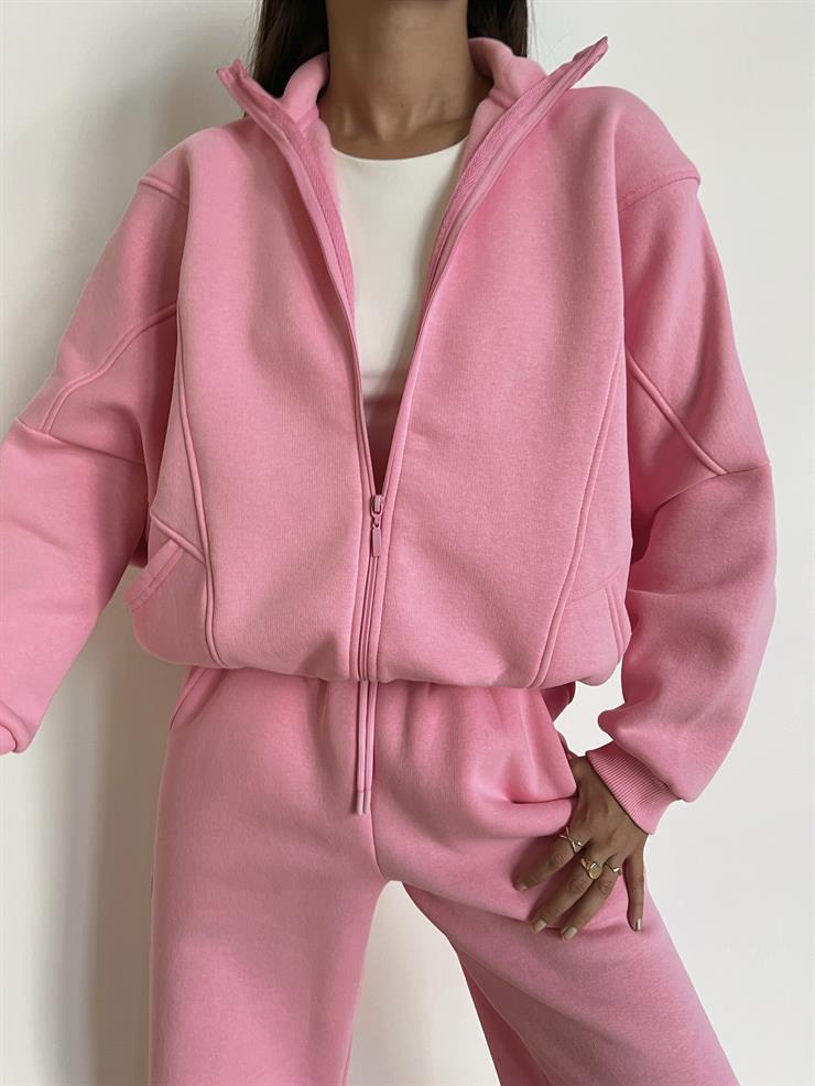Fermuar Kapama Sweatshirt Ve Paçası Lastikli Eşofman Altı Juilya Kadın Pembe Penye Takım 24k000117