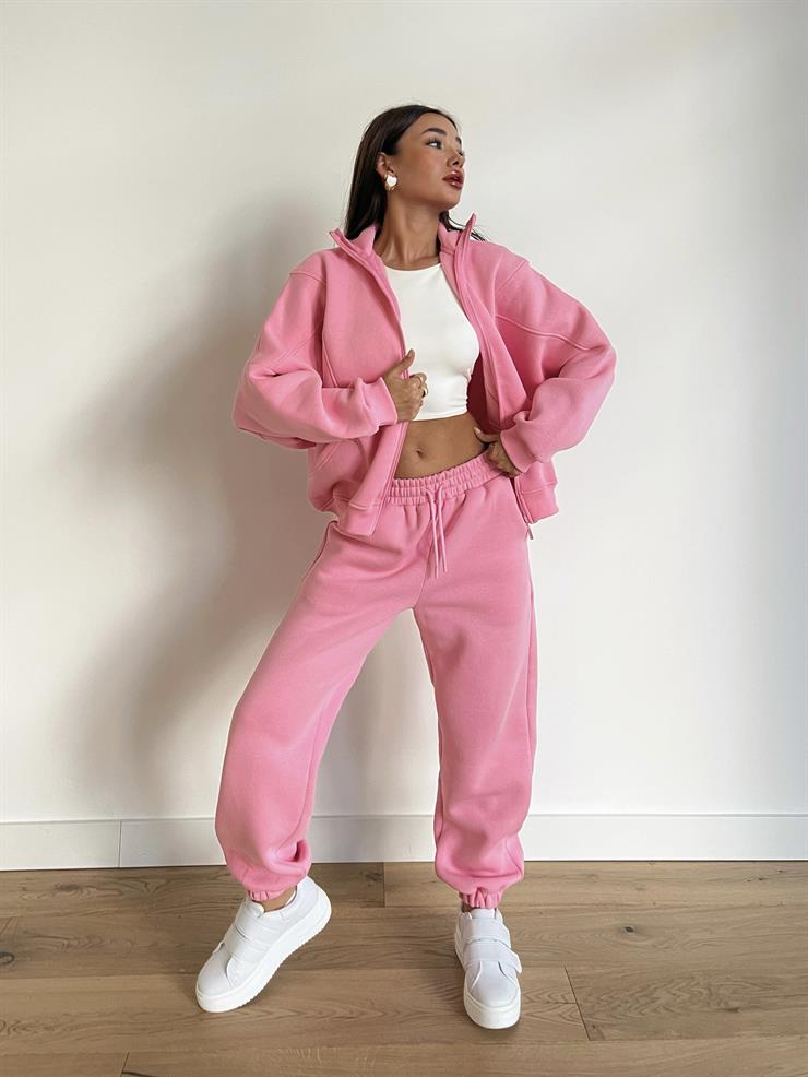 Fermuar Kapama Sweatshirt Ve Paçası Lastikli Eşofman Altı Juilya Kadın Pembe Penye Takım 24k000117