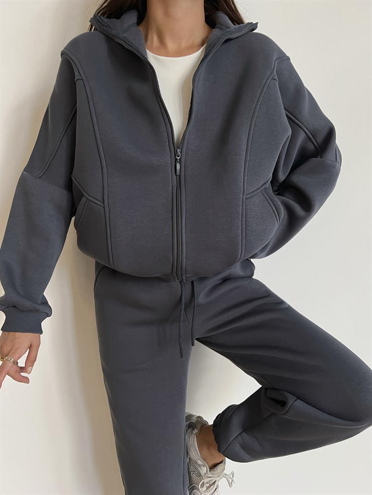 Fermuar Kapama Sweatshirt Ve Paçası Lastikli Eşofman Altı Juilya Kadın Füme Penye Takım 24k000117