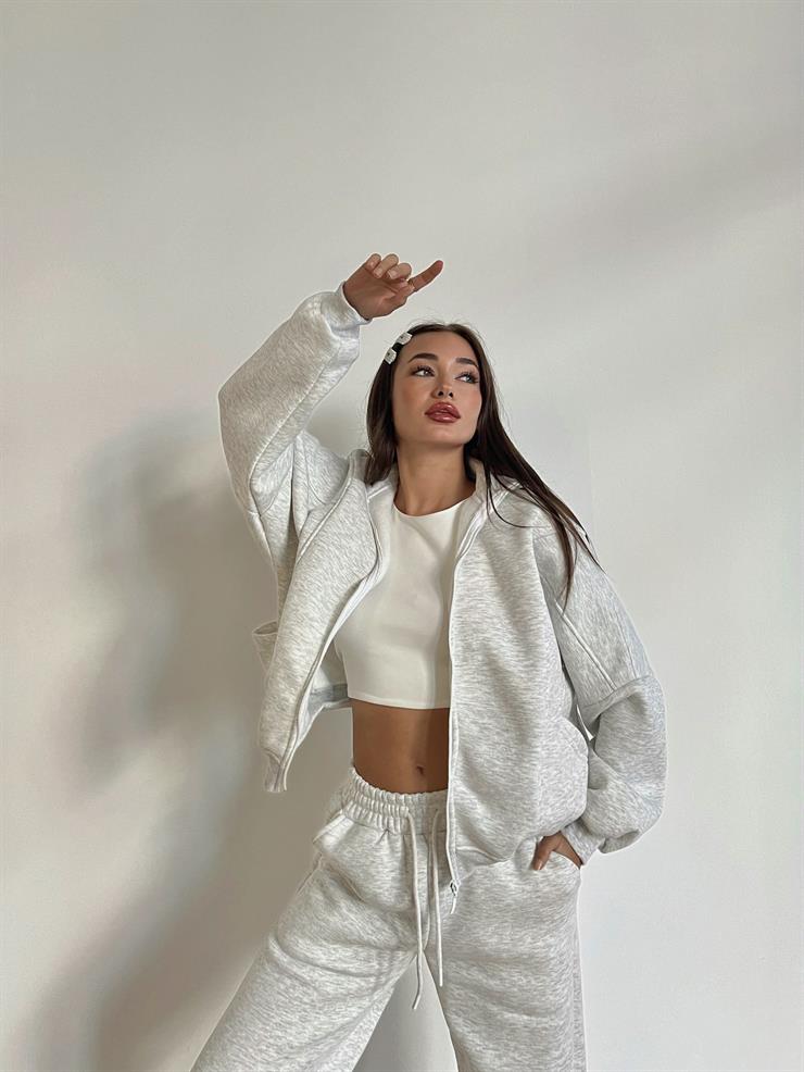 Fermuar Kapama Sweatshirt Ve Paçası Lastikli Eşofman Altı Juilya Kadın Gri Penye Takım 24k000117