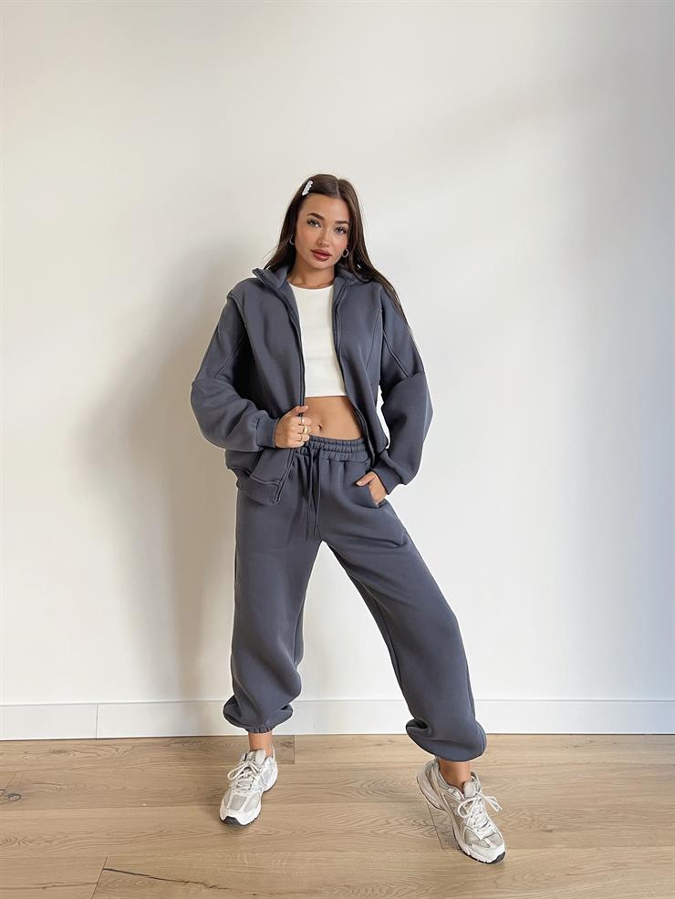 Fermuar Kapama Sweatshirt Ve Paçası Lastikli Eşofman Altı Juilya Kadın Füme Penye Takım 24k000117