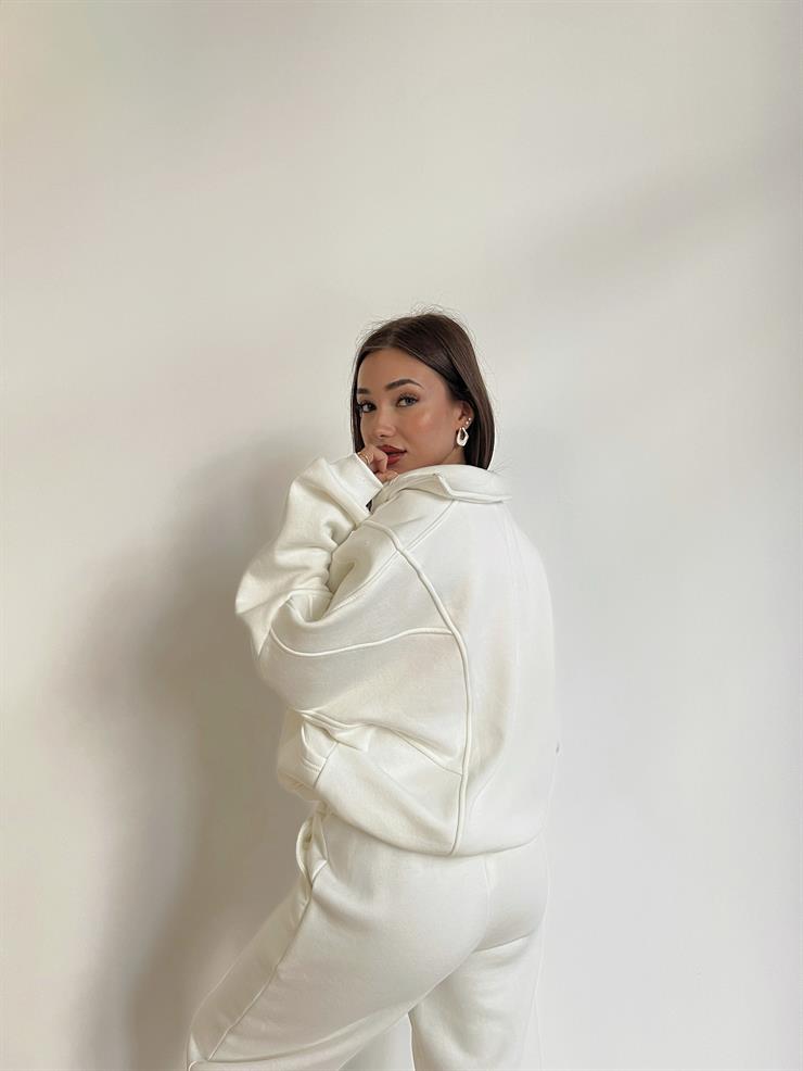 Fermuar Kapama Sweatshirt Ve Paçası Lastikli Eşofman Altı Juilya Kadın Ekru Penye Takım 24k000117