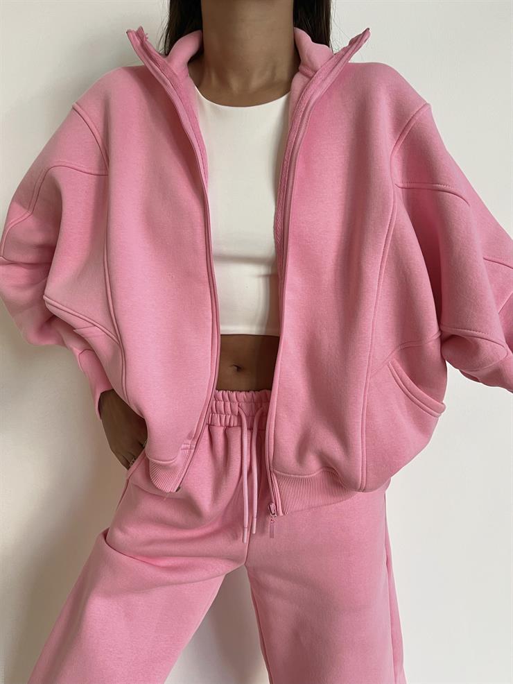 Fermuar Kapama Sweatshirt Ve Paçası Lastikli Eşofman Altı Juilya Kadın Pembe Penye Takım 24k000117