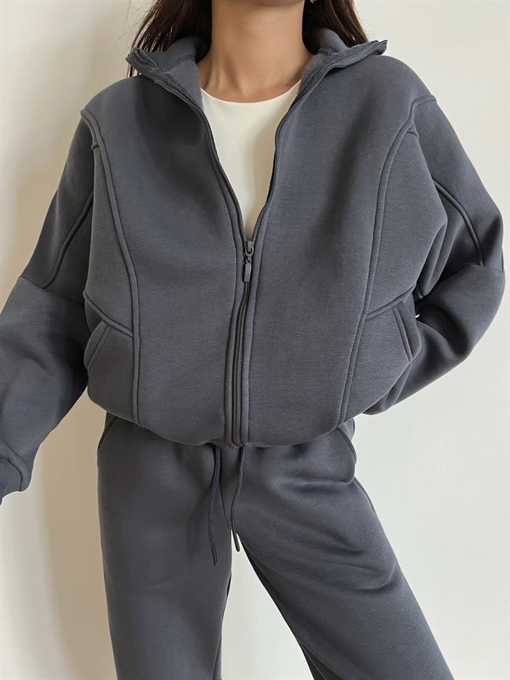 Fermuar Kapama Sweatshirt Ve Paçası Lastikli Eşofman Altı Juilya Kadın Füme Penye Takım 24k000117