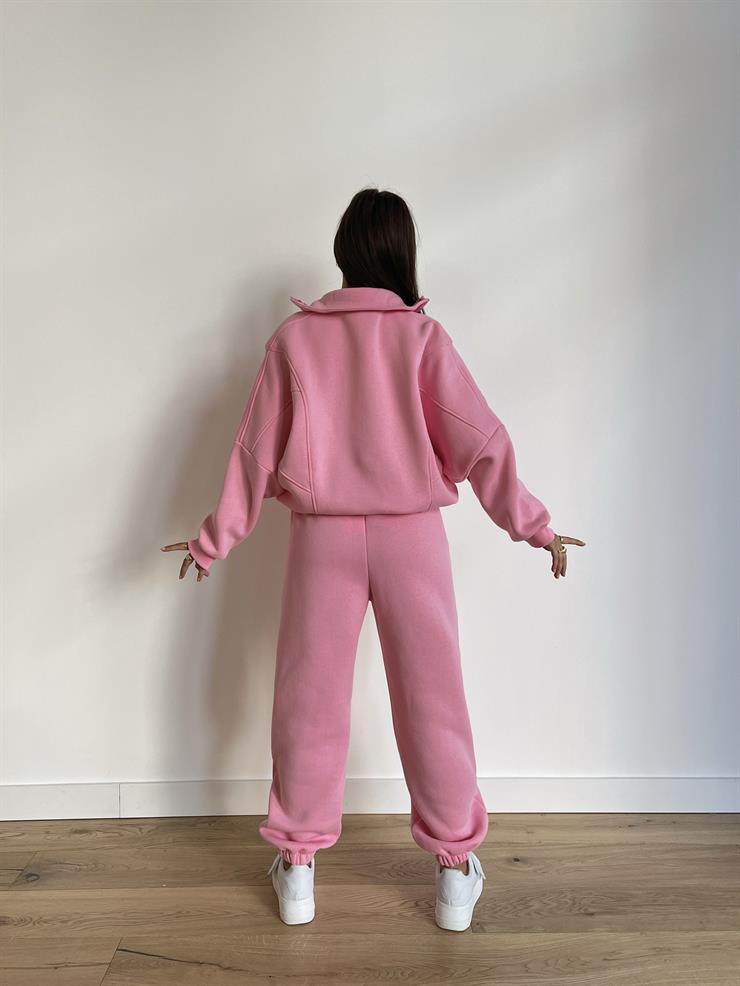 Fermuar Kapama Sweatshirt Ve Paçası Lastikli Eşofman Altı Juilya Kadın Pembe Penye Takım 24k000117