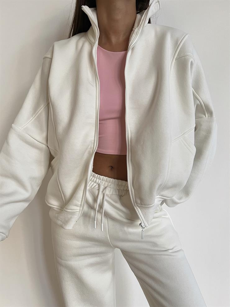 Fermuar Kapama Sweatshirt Ve Paçası Lastikli Eşofman Altı Juilya Kadın Ekru Penye Takım 24k000117