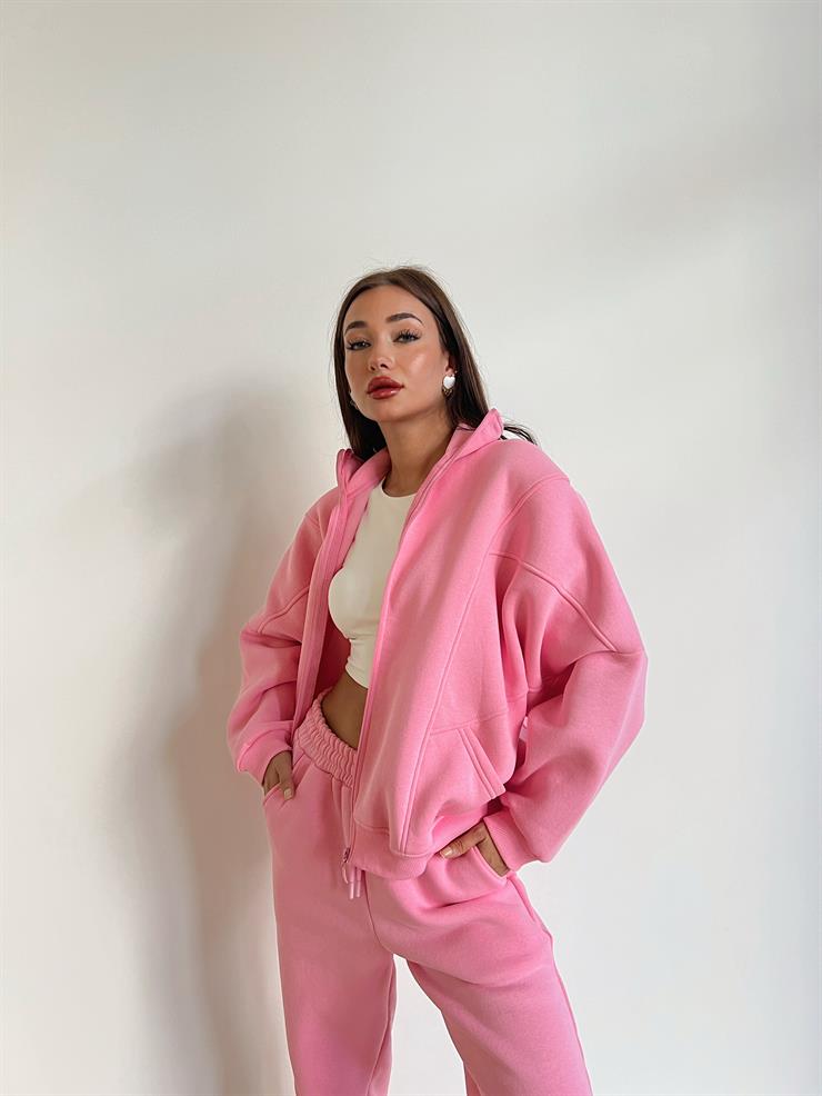 Fermuar Kapama Sweatshirt Ve Paçası Lastikli Eşofman Altı Juilya Kadın Pembe Penye Takım 24k000117