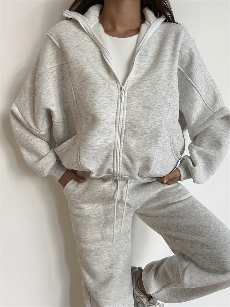 Fermuar Kapama Sweatshirt Ve Paçası Lastikli Eşofman Altı Juilya Kadın Gri Penye Takım 24k000117