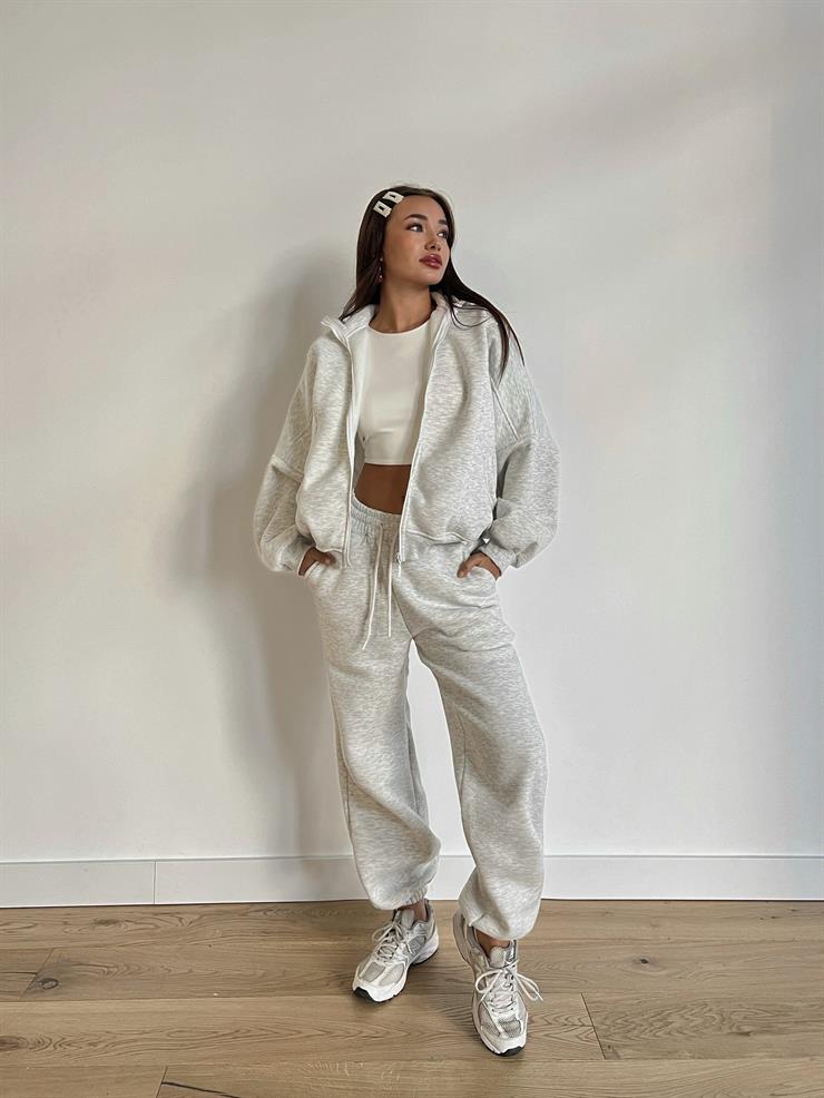 Fermuar Kapama Sweatshirt Ve Paçası Lastikli Eşofman Altı Juilya Kadın Gri Penye Takım 24k000117