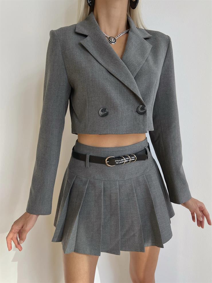 Düğme Kapamalı Crop Blazer Ceket Pileli Mini Etek Julian Kadın Gri Takım 24k000101