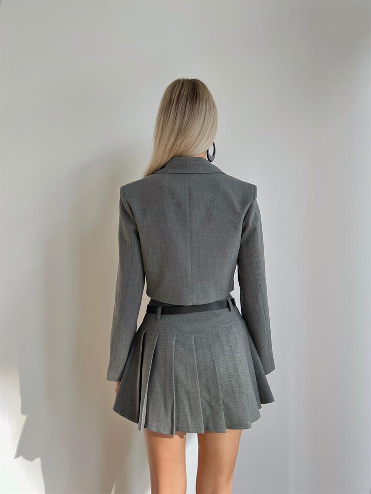 Düğme Kapamalı Crop Blazer Ceket Pileli Mini Etek Julian Kadın Gri Takım 24k000101